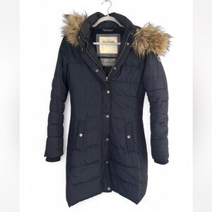 Y2K A&F Abercrombie & Fitch Long Puffer Coat Faux Fur Hood Navy Winter Jacket S